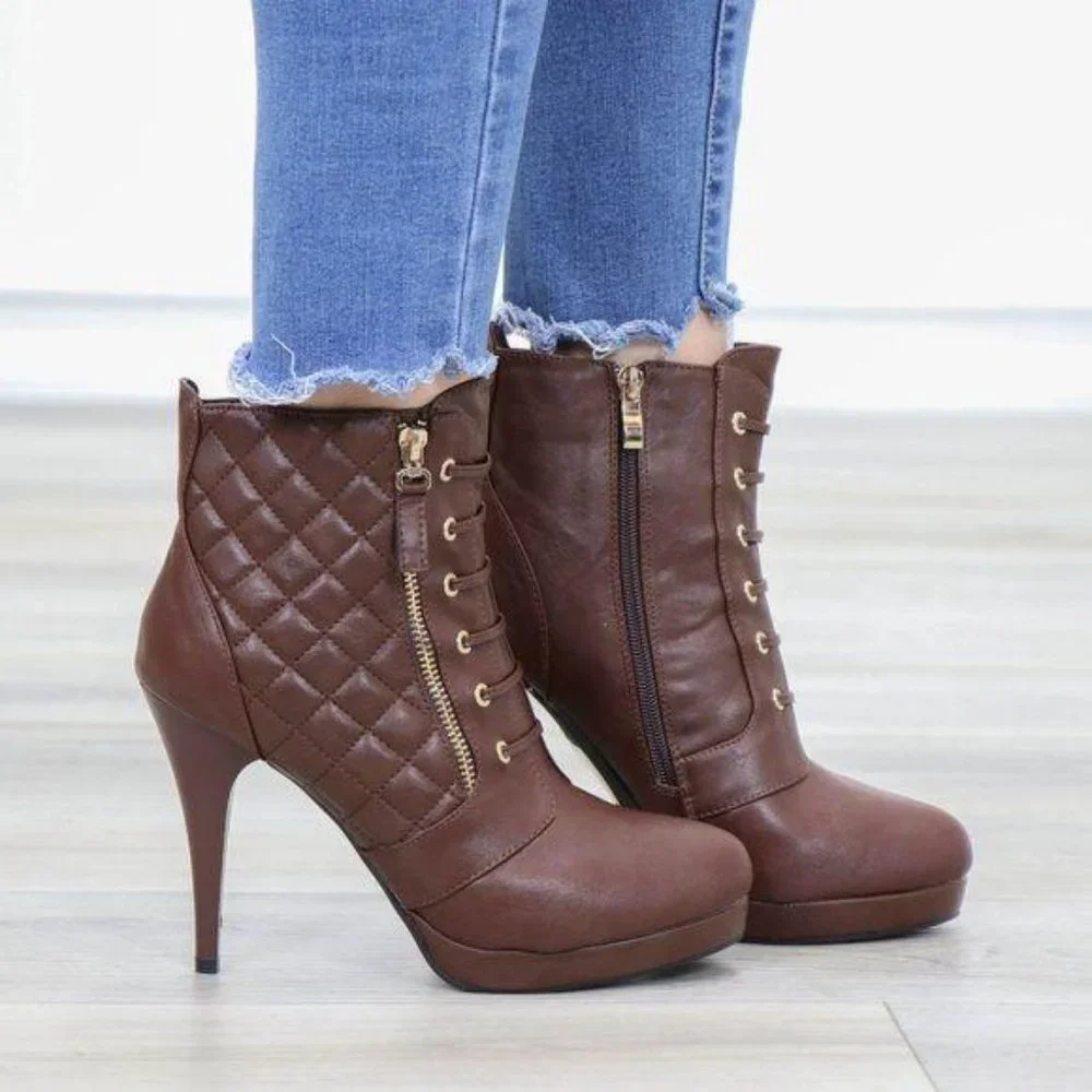 Brown Platform High Heel Ankle Boots - Picture 7 of 14